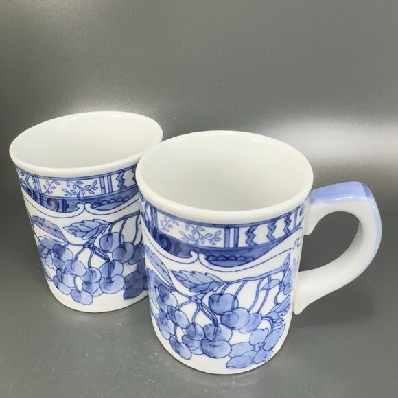1995 Jardin Blue Cardinal Ceramic Coffee Mug Cup Set 2 Blue White Fruit Cherry - Picture 12 of 15
